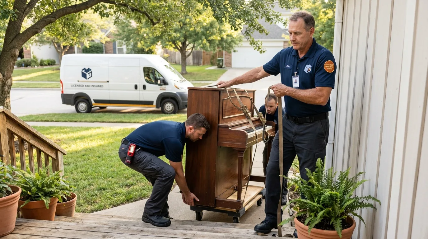Licensed piano movers securing grand piano in Opelika, AL