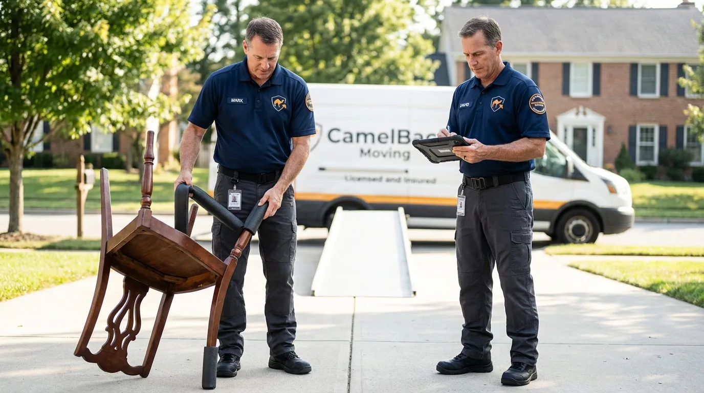 Movers inspecting furniture for damage prevention before loading in Opelika, AL