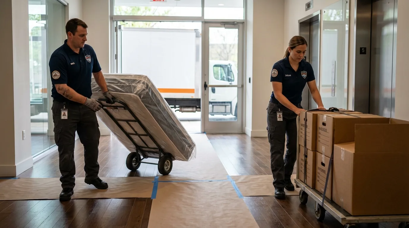 Professional apartment movers loading elevator in Opelika, AL