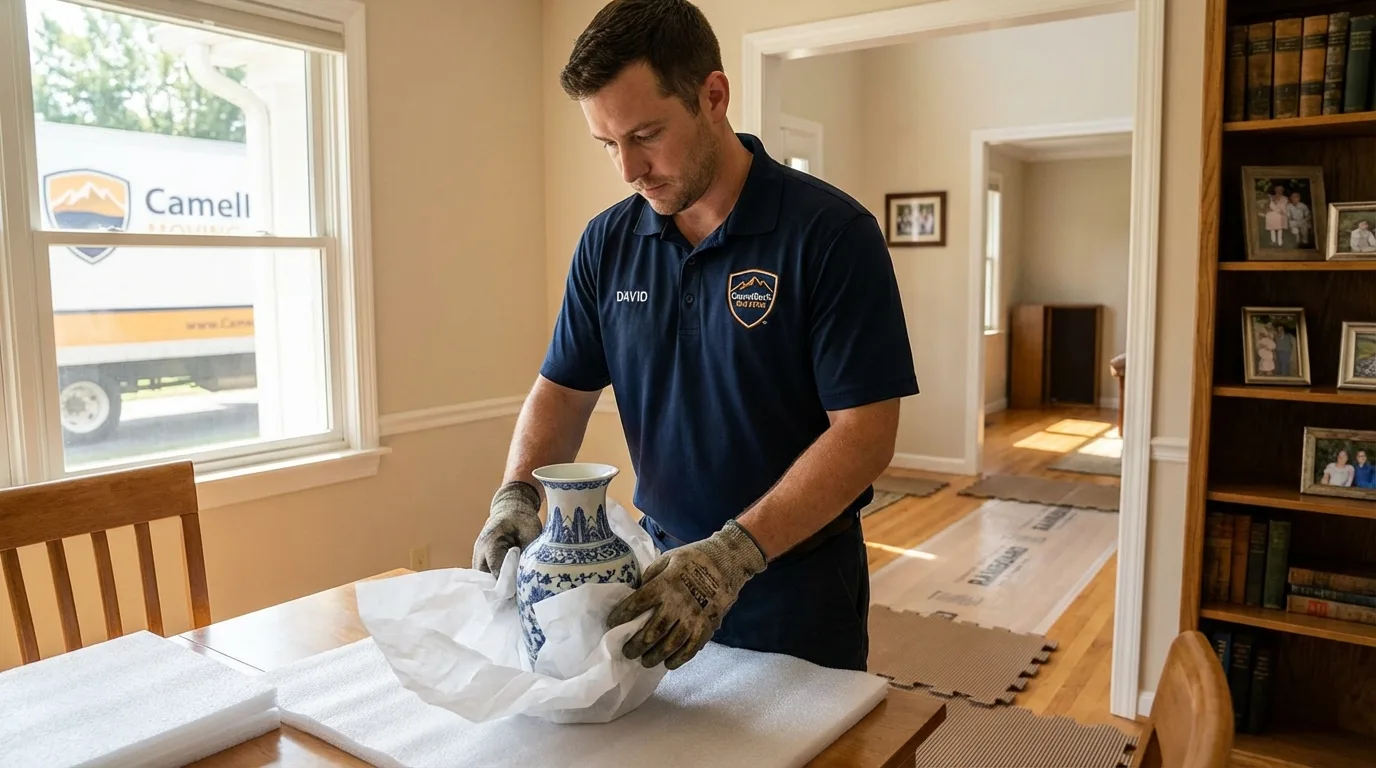Professional crew carefully wrapping antique vase for senior downsizing move in Opelika, AL